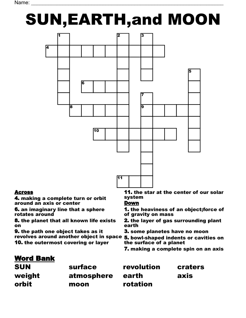 SUN,EARTH,and MOON Crossword