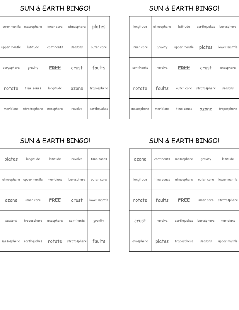 SUN & EARTH BINGO!
