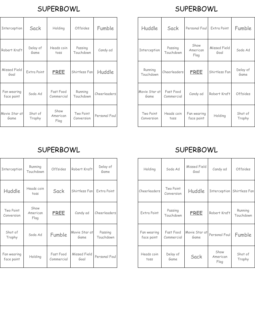 SUPERBOWL Bingo Cards
