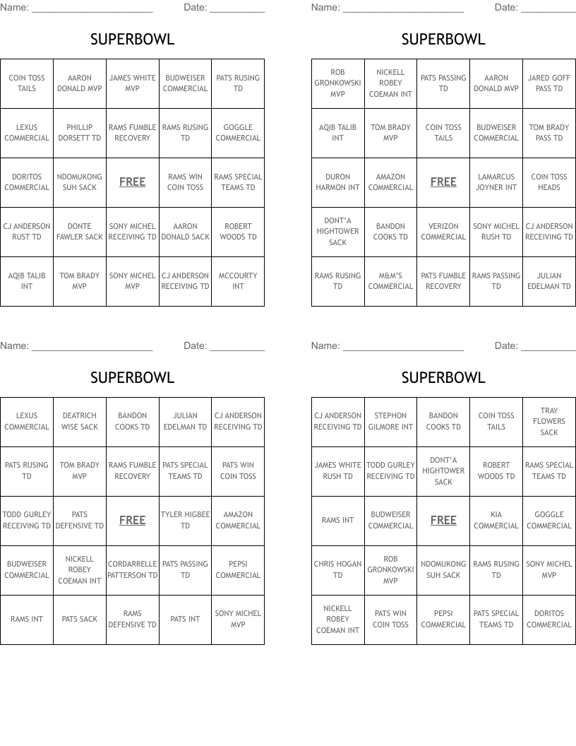 SUPERBOWL Bingo Cards
