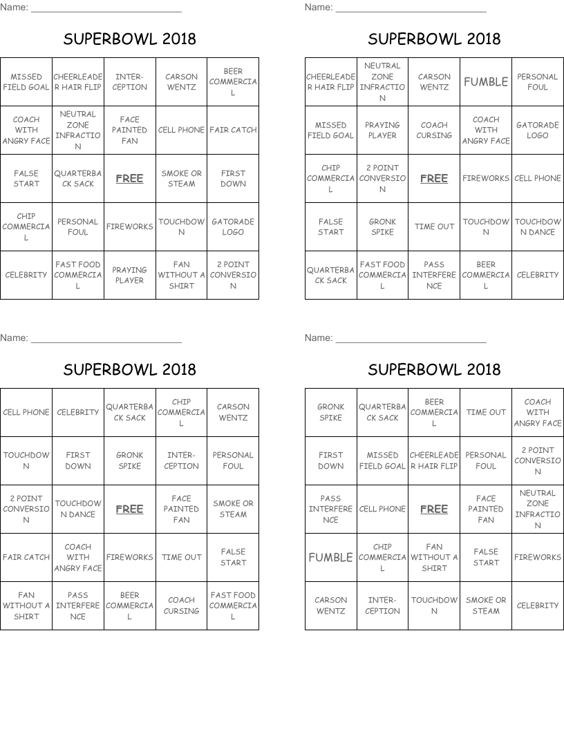 SUPERBOWL 2018 Bingo Cards