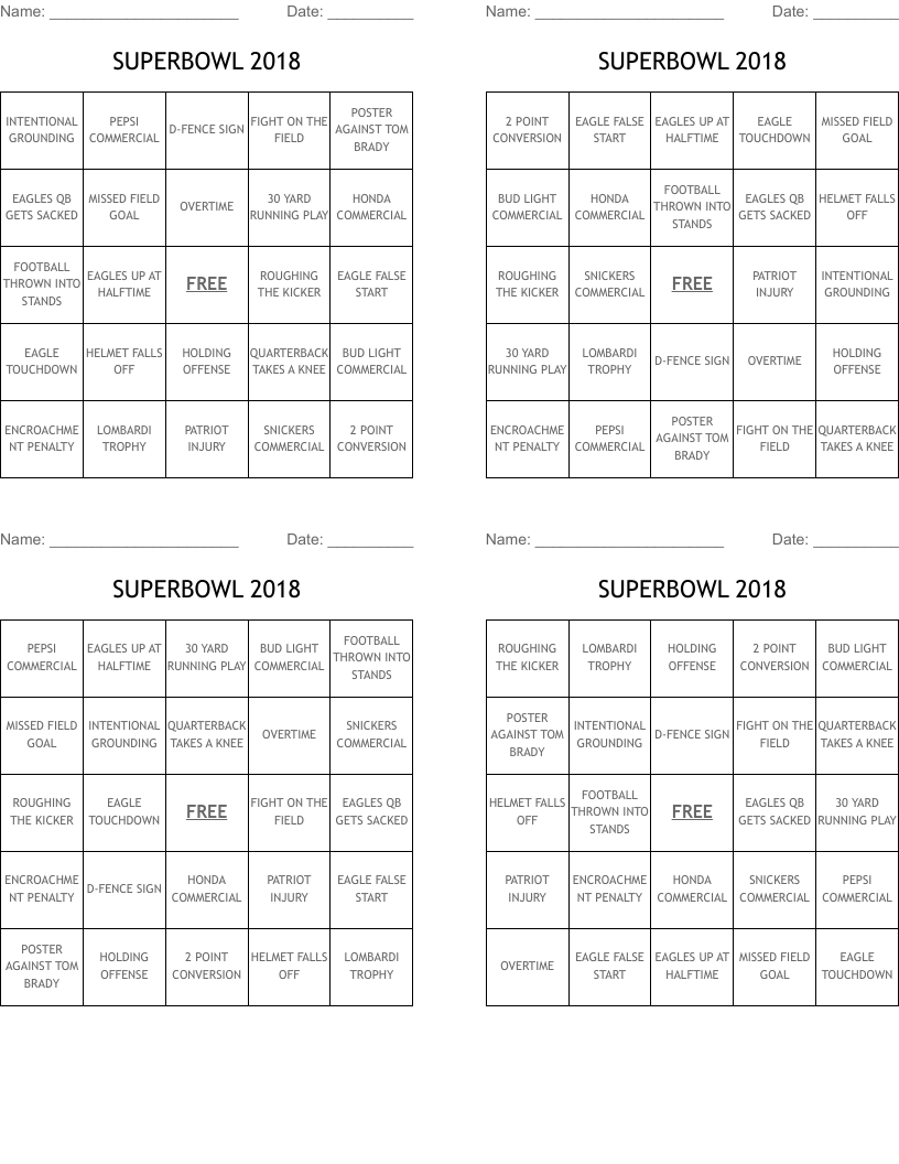 SUPERBOWL 2018 Bingo Cards