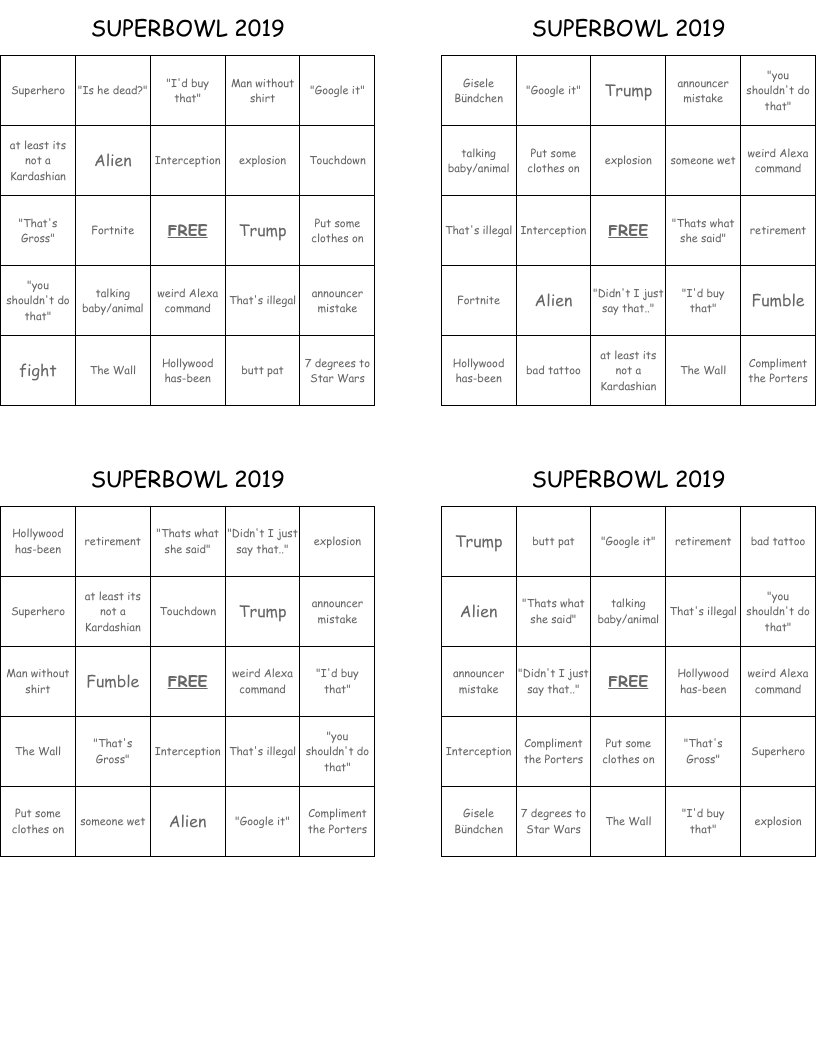 SUPERBOWL 2019 Bingo Cards