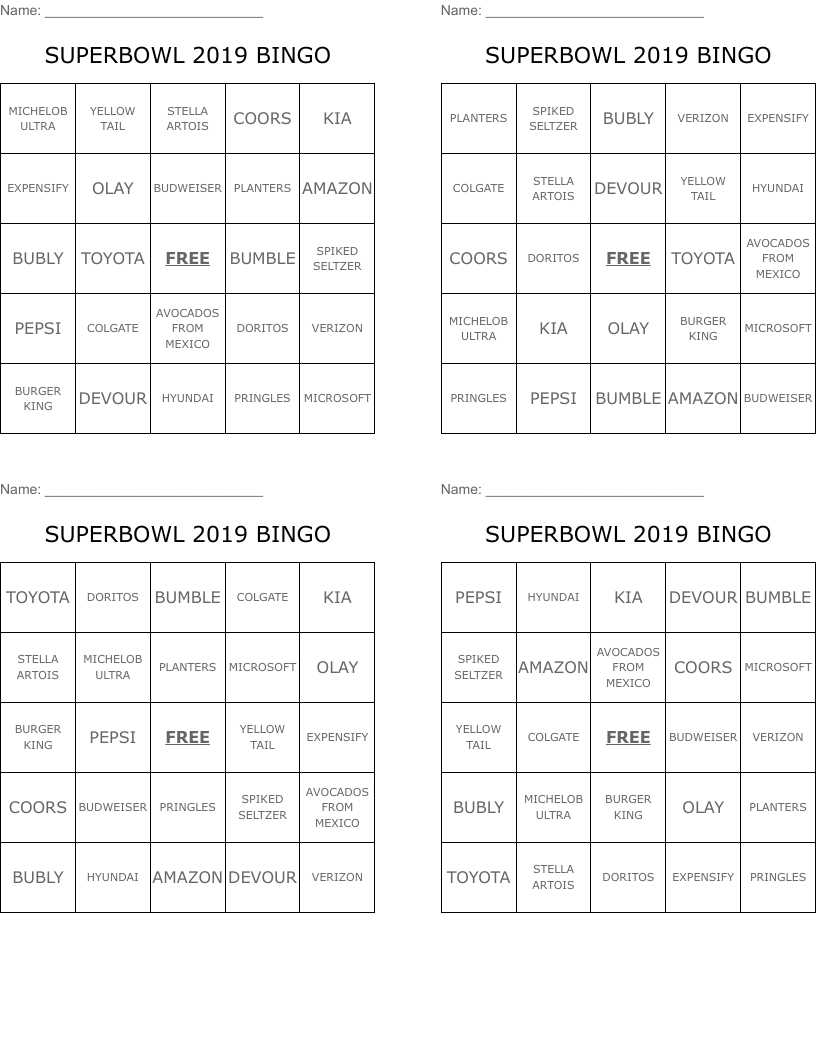 SUPERBOWL 2019 BINGO