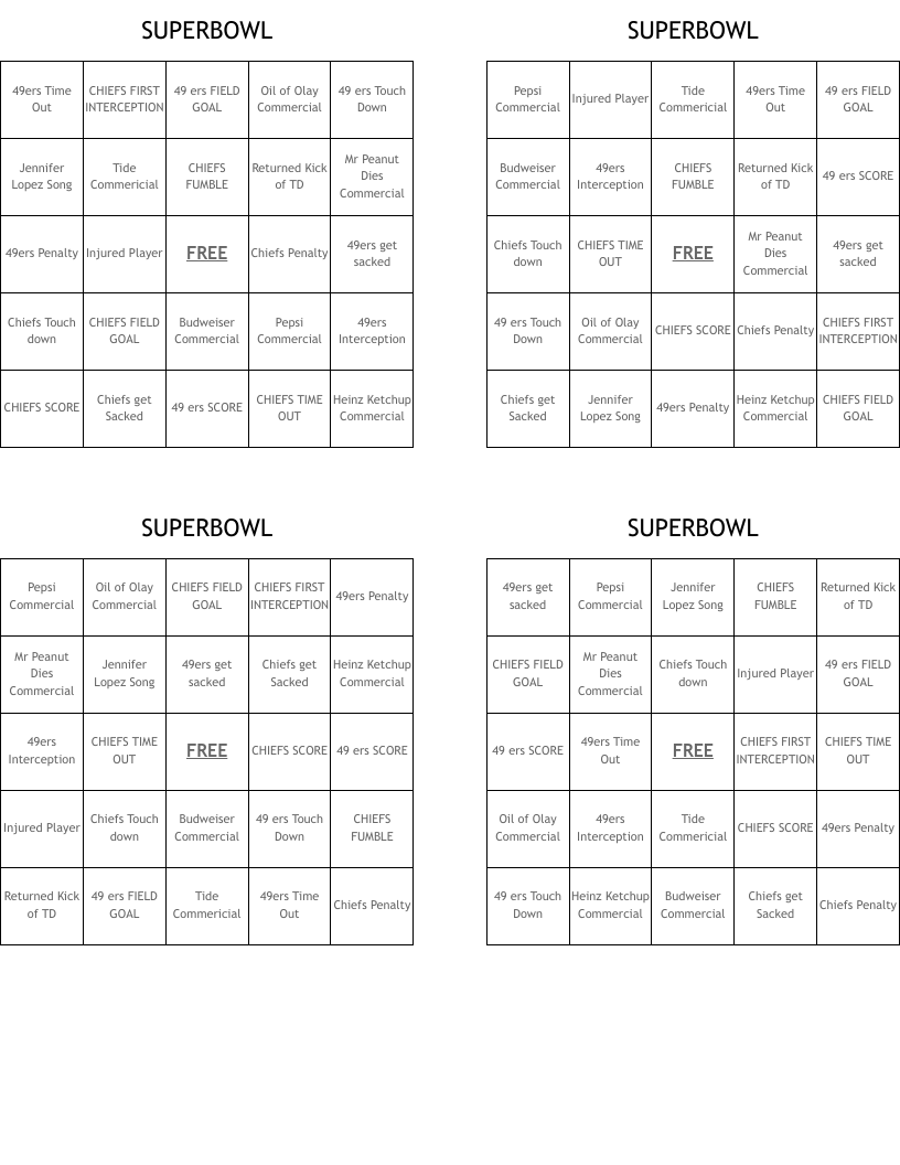 SUPERBOWL Bingo Cards