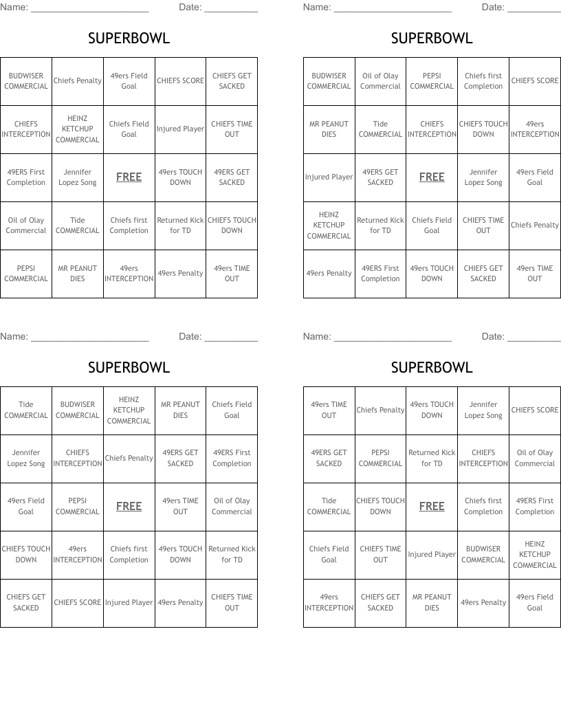 SUPERBOWL Bingo Cards