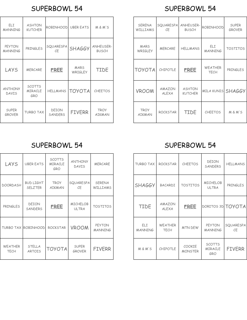 SUPERBOWL 54 Bingo Cards