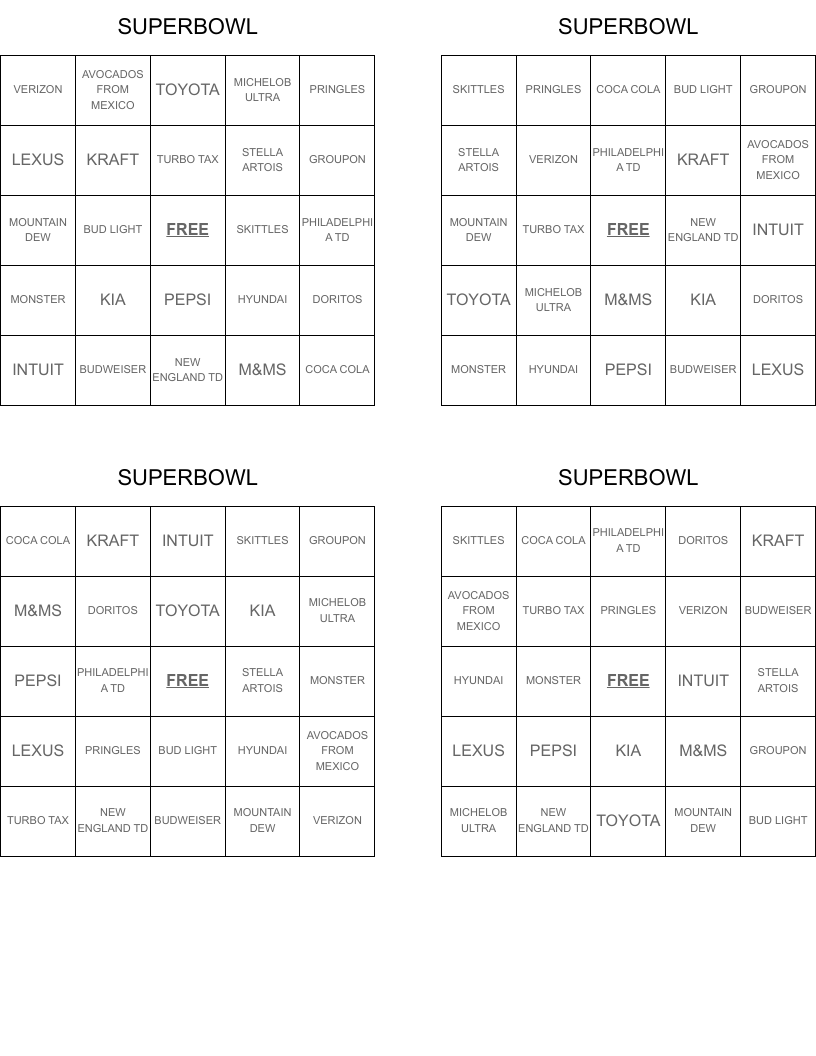 SUPERBOWL Bingo Cards