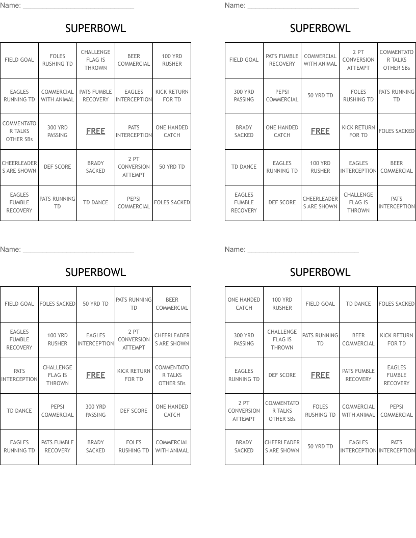 SUPERBOWL Bingo Cards