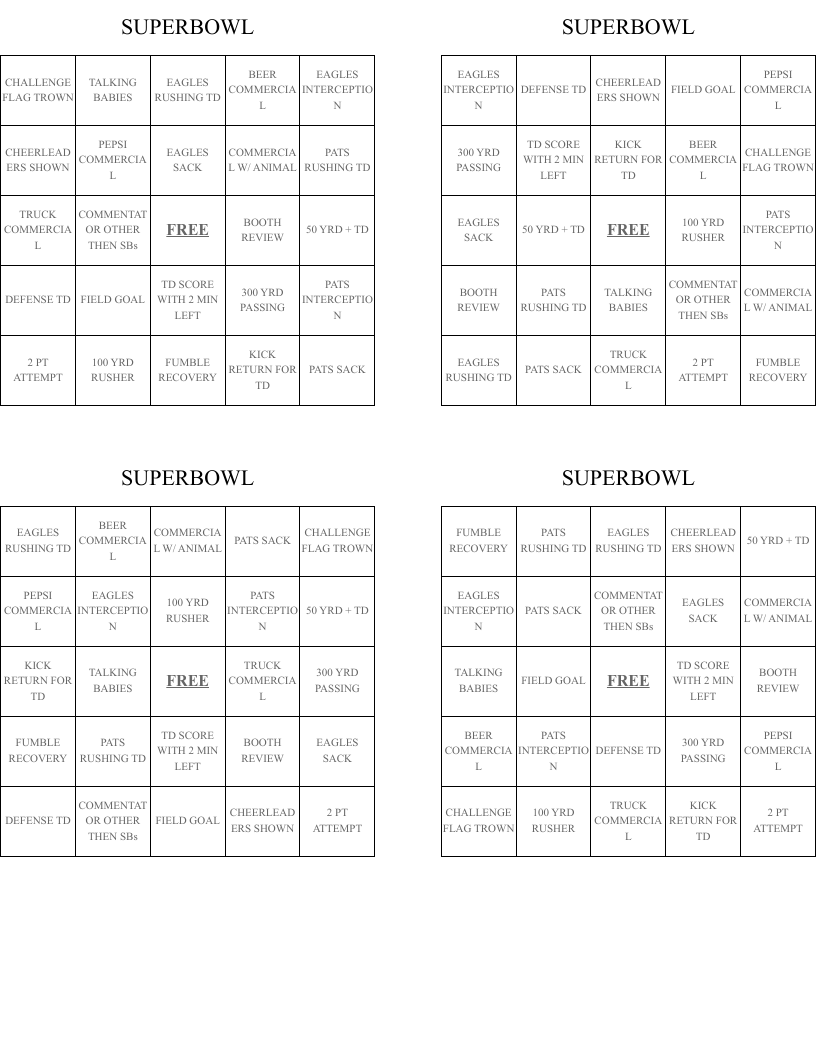 SUPERBOWL Bingo Cards