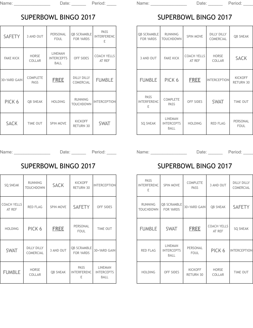 SUPERBOWL BINGO 2017
