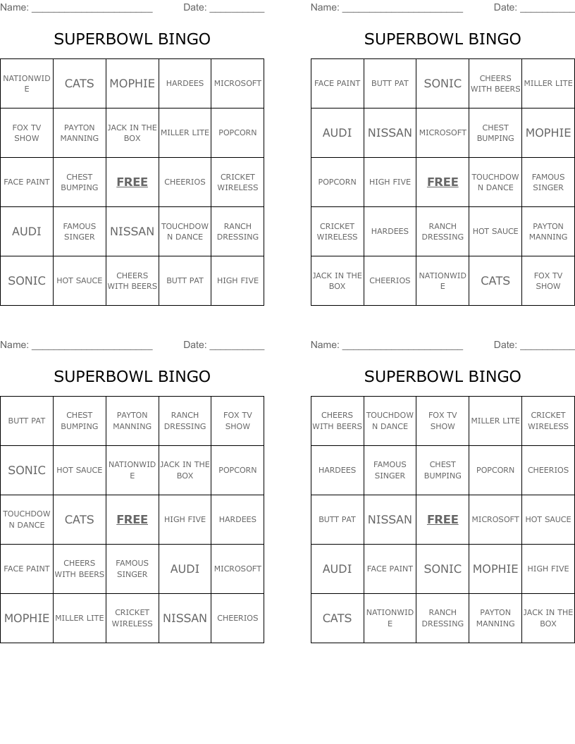 SUPERBOWL BINGO