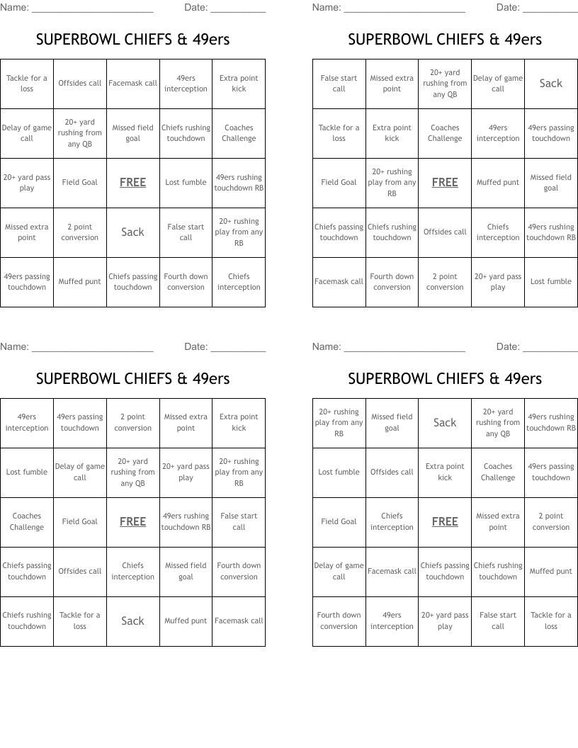 SUPERBOWL CHIEFS & 49ers Bingo Cards