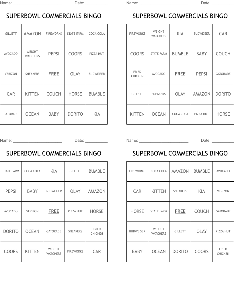 SUPERBOWL COMMERCIALS BINGO