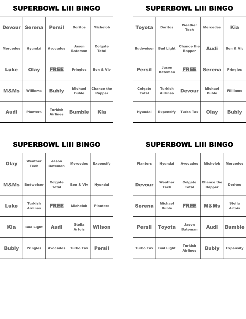 SUPERBOWL LIII BINGO