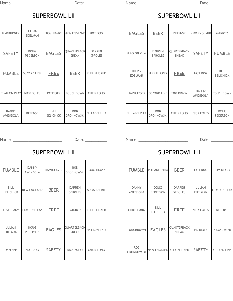 SUPERBOWL LII Bingo Cards