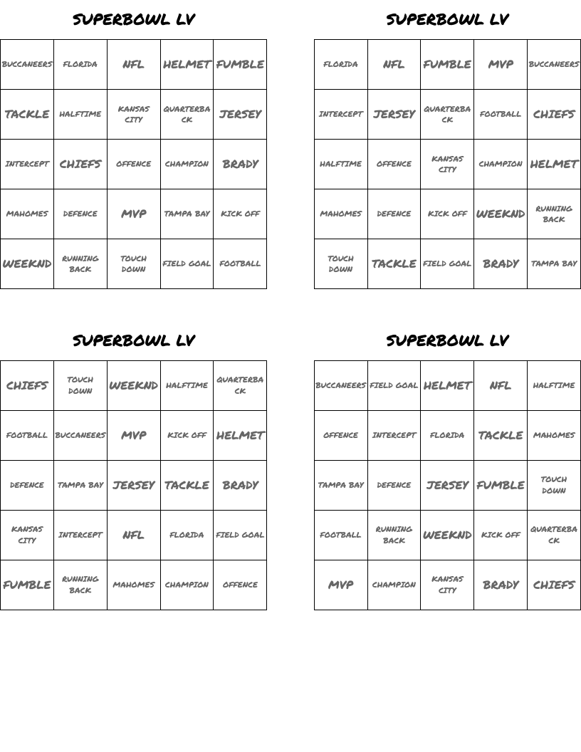 SUPERBOWL LV Bingo Cards