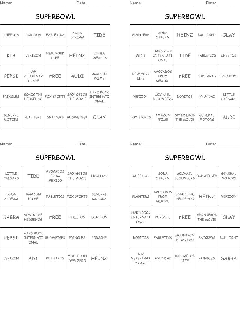 SUPERBOWL  Bingo Cards