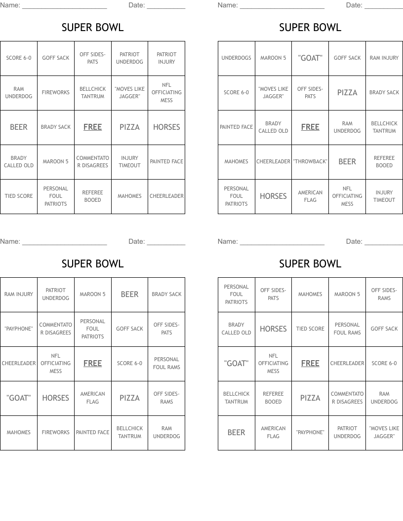 SUPER BOWL Bingo Cards