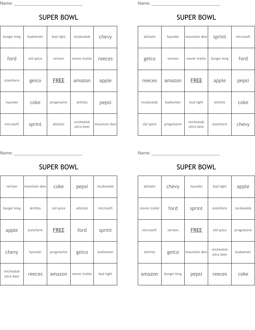 SUPER BOWL Bingo Cards