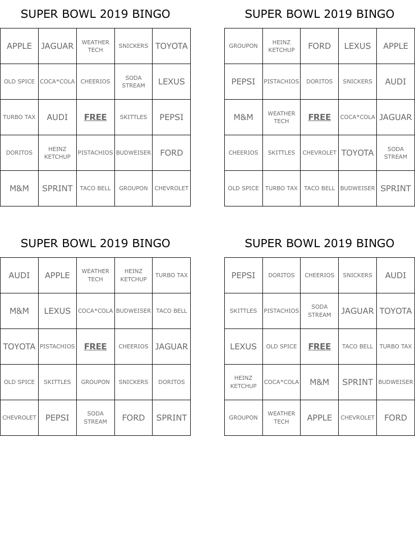 SUPER BOWL 2019 BINGO