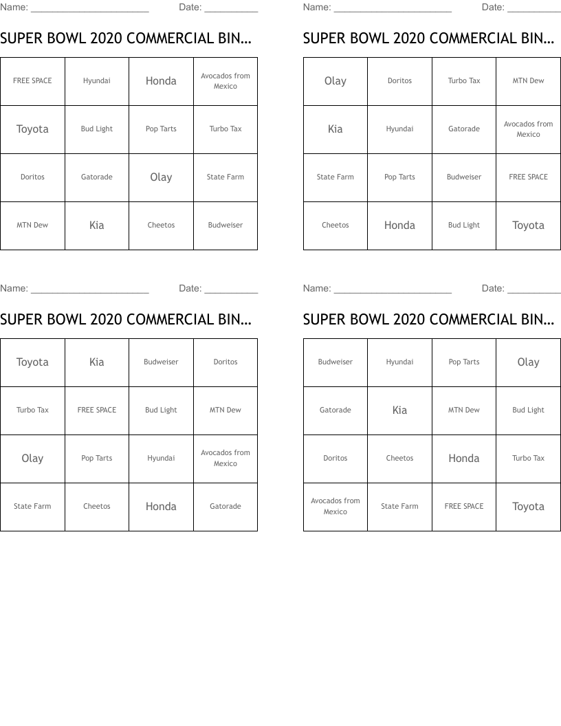 SUPER BOWL 2020 COMMERCIAL BINGO