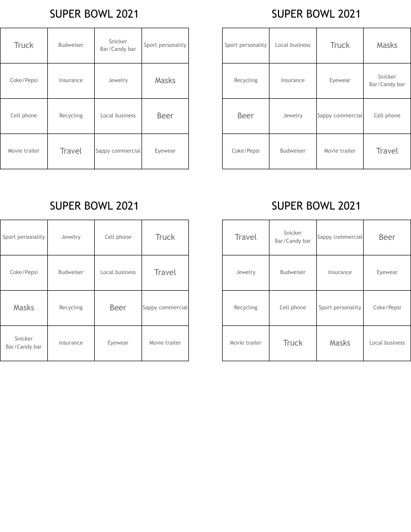 SUPER BOWL 2021 Bingo Cards