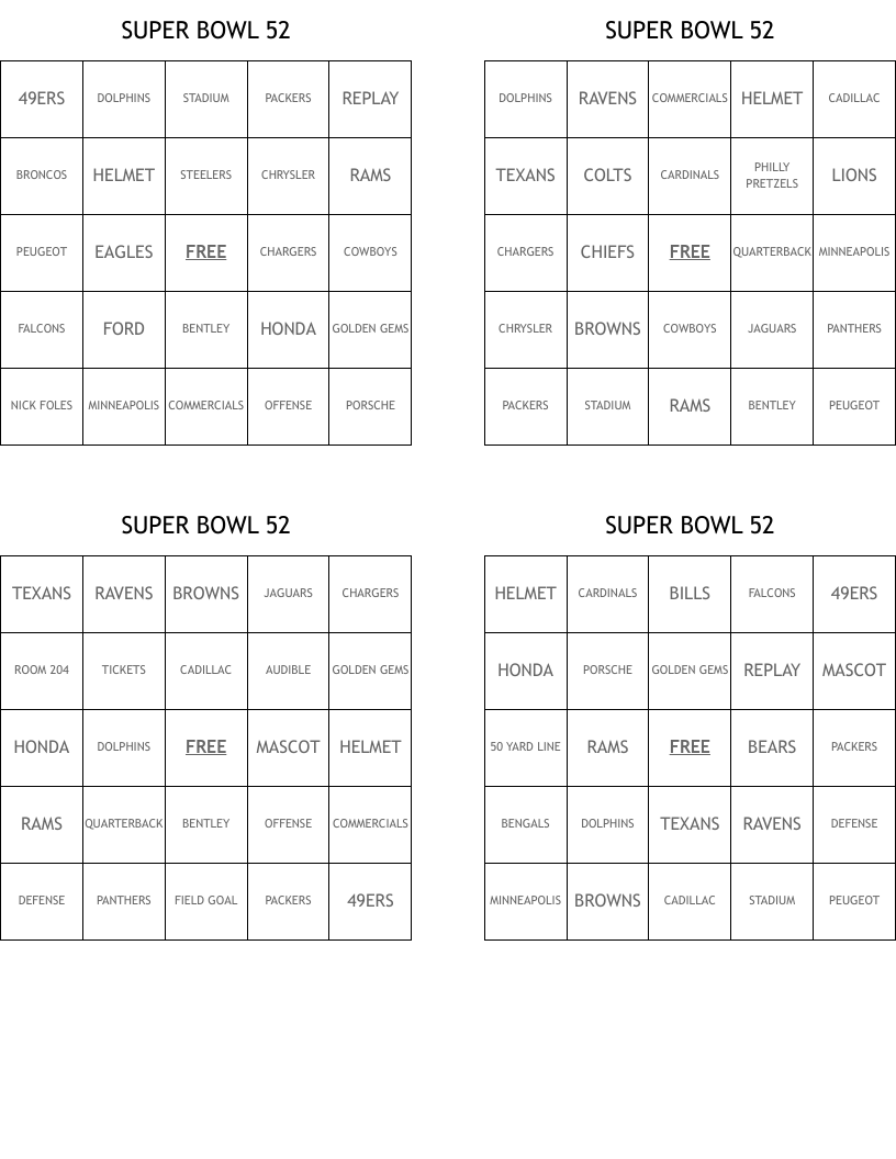 SUPER BOWL 52 Bingo Cards