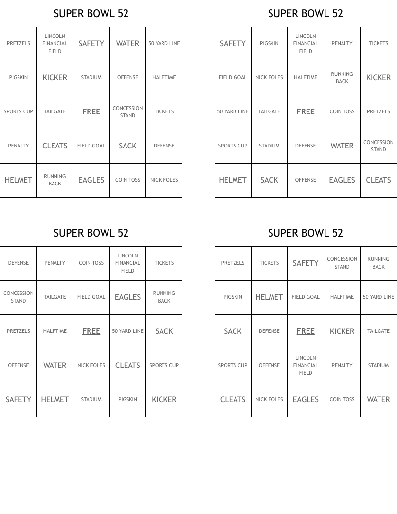 SUPER BOWL 52 Bingo Cards