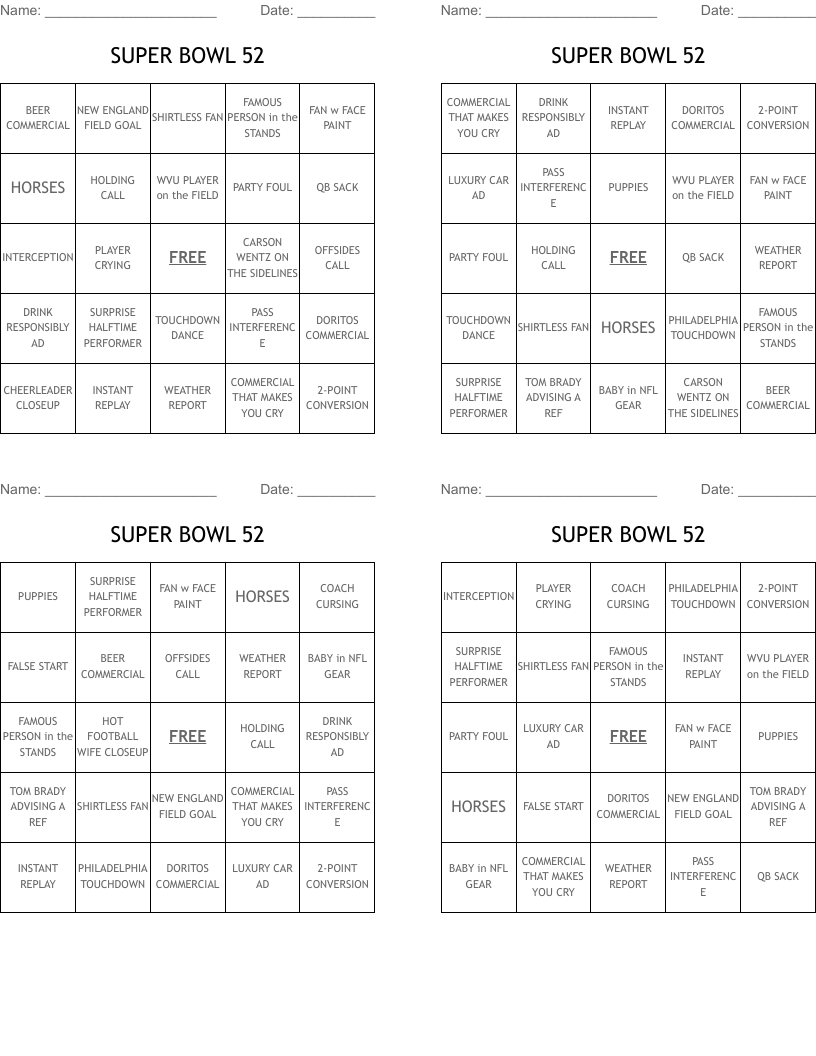 SUPER BOWL 52 Bingo Cards
