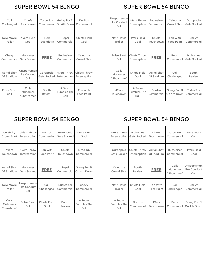 SUPER BOWL 54 BINGO