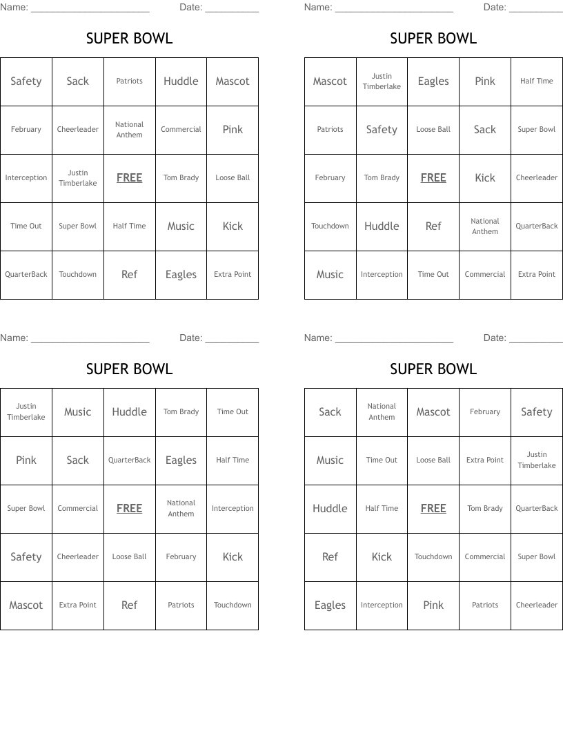 SUPER BOWL Bingo Cards