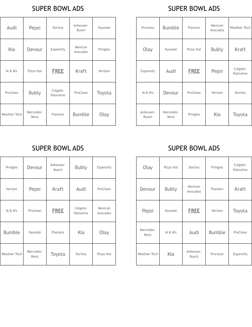 SUPER BOWL ADS Bingo Cards