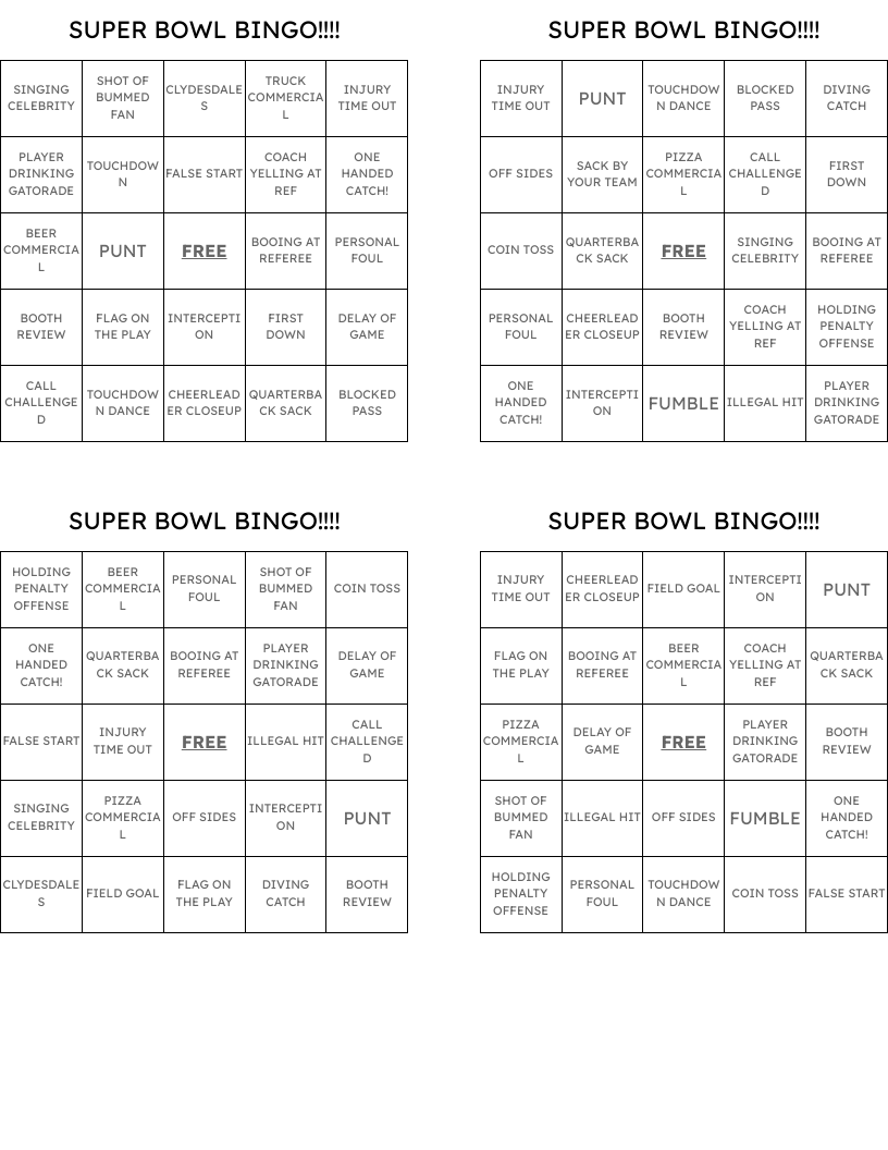 SUPER BOWL BINGO!!!!