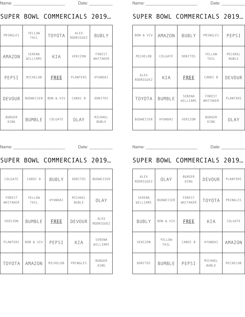 SUPER BOWL COMMERCIALS 2019 BINGO