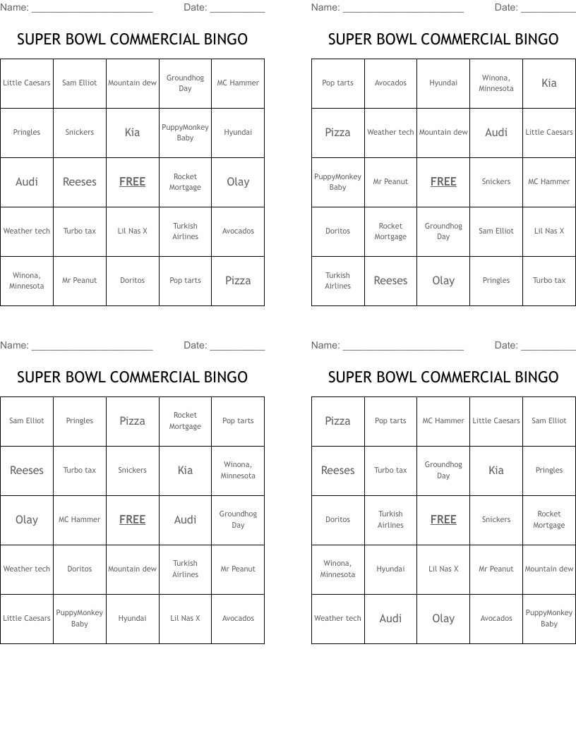 SUPER BOWL COMMERCIAL BINGO