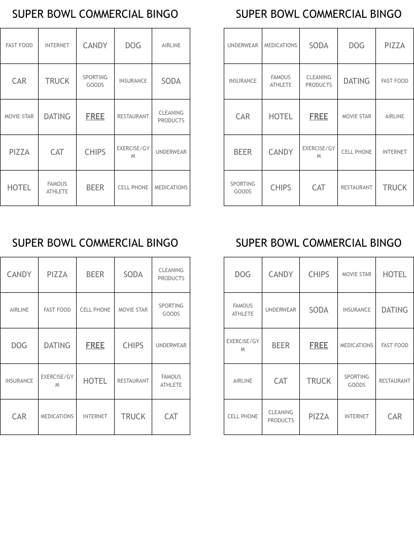 SUPER BOWL COMMERCIAL BINGO