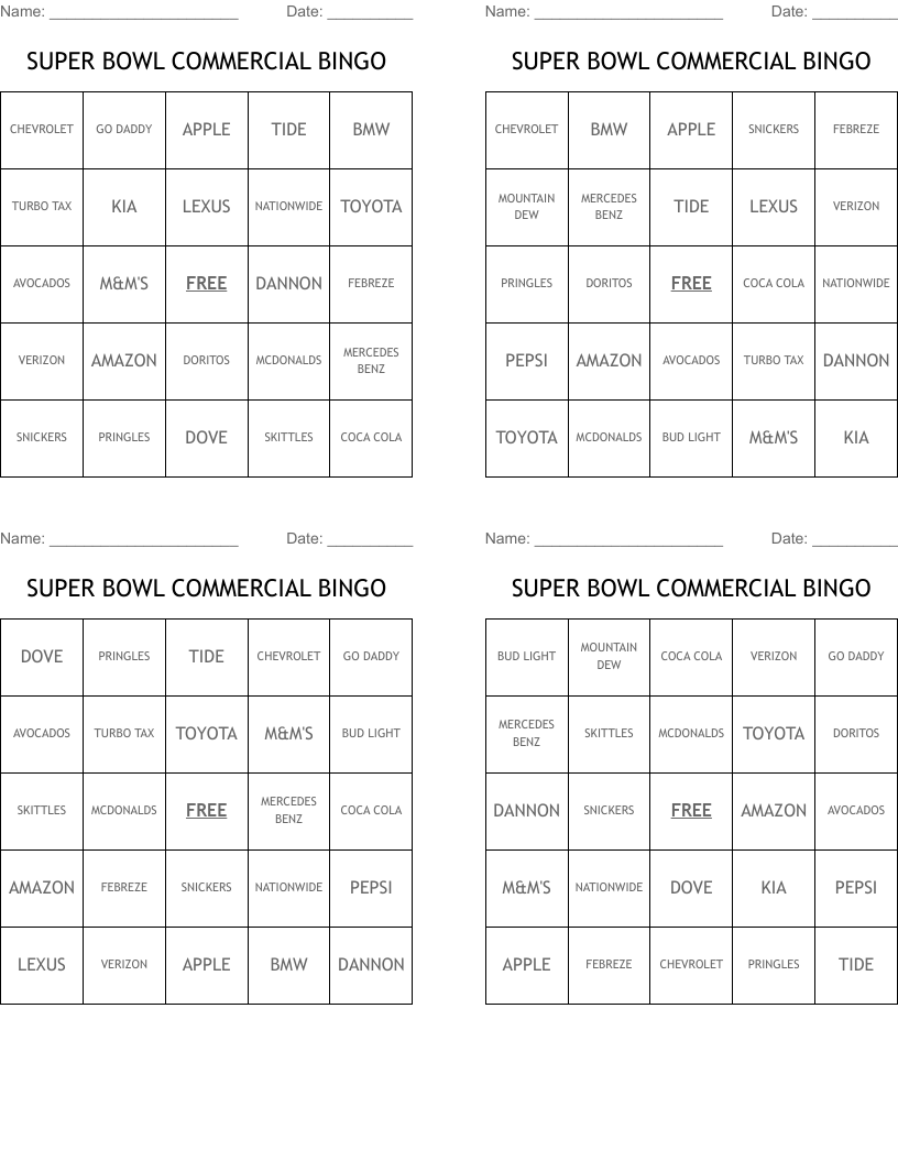 SUPER BOWL COMMERCIAL BINGO