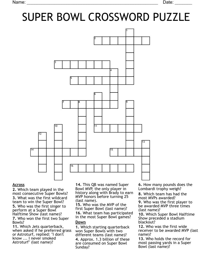 SUPER BOWL CROSSWORD PUZZLE
