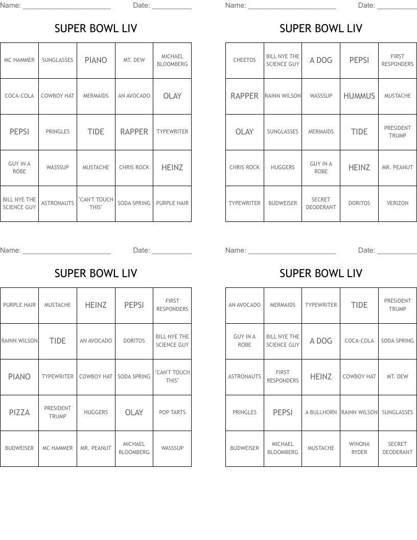 SUPER BOWL LIV Bingo Cards