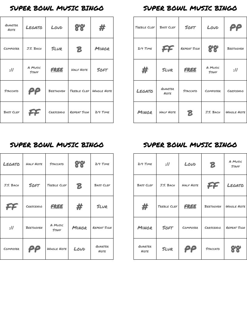 SUPER BOWL MUSIC BINGO