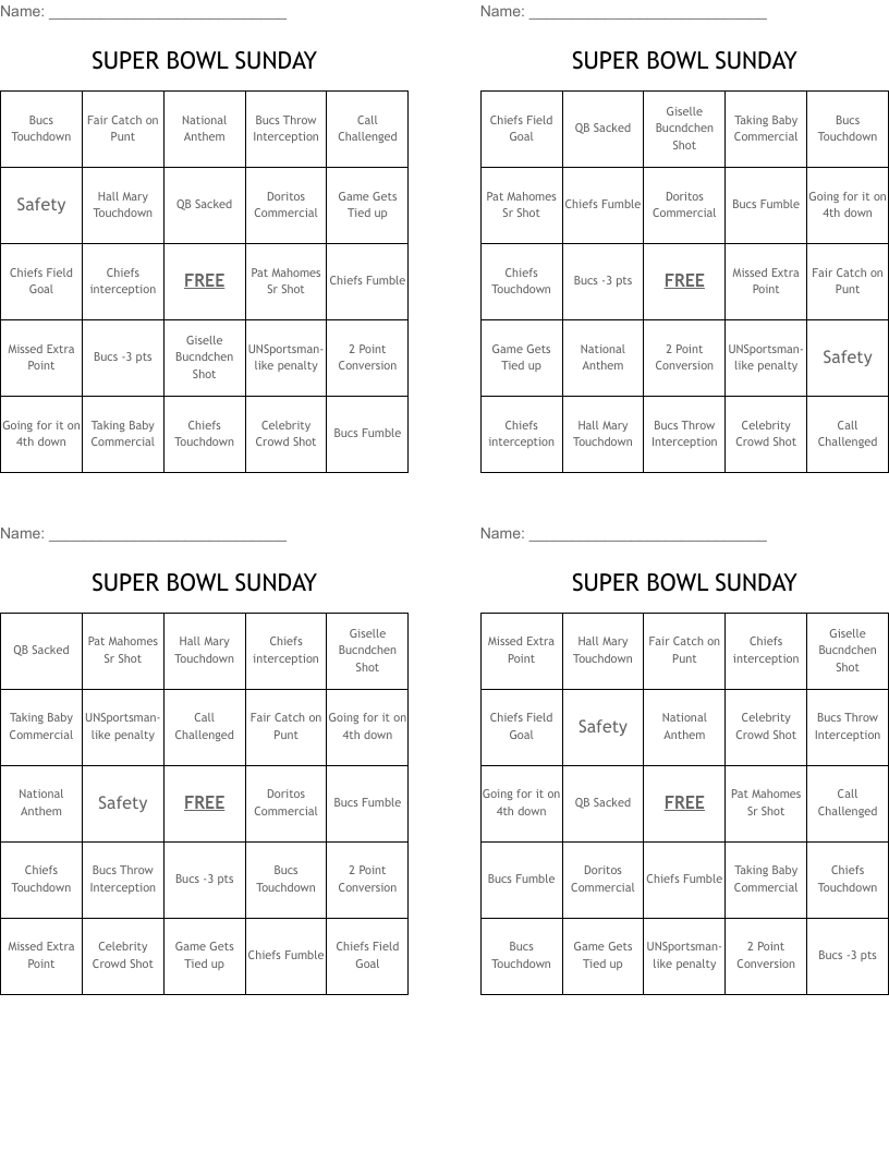 SUPER BOWL SUNDAY Bingo Cards