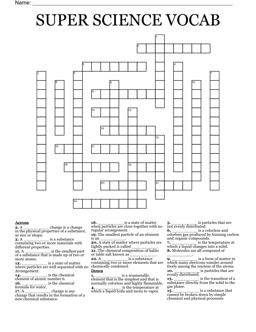 SUPER SCIENCE VOCAB Crossword