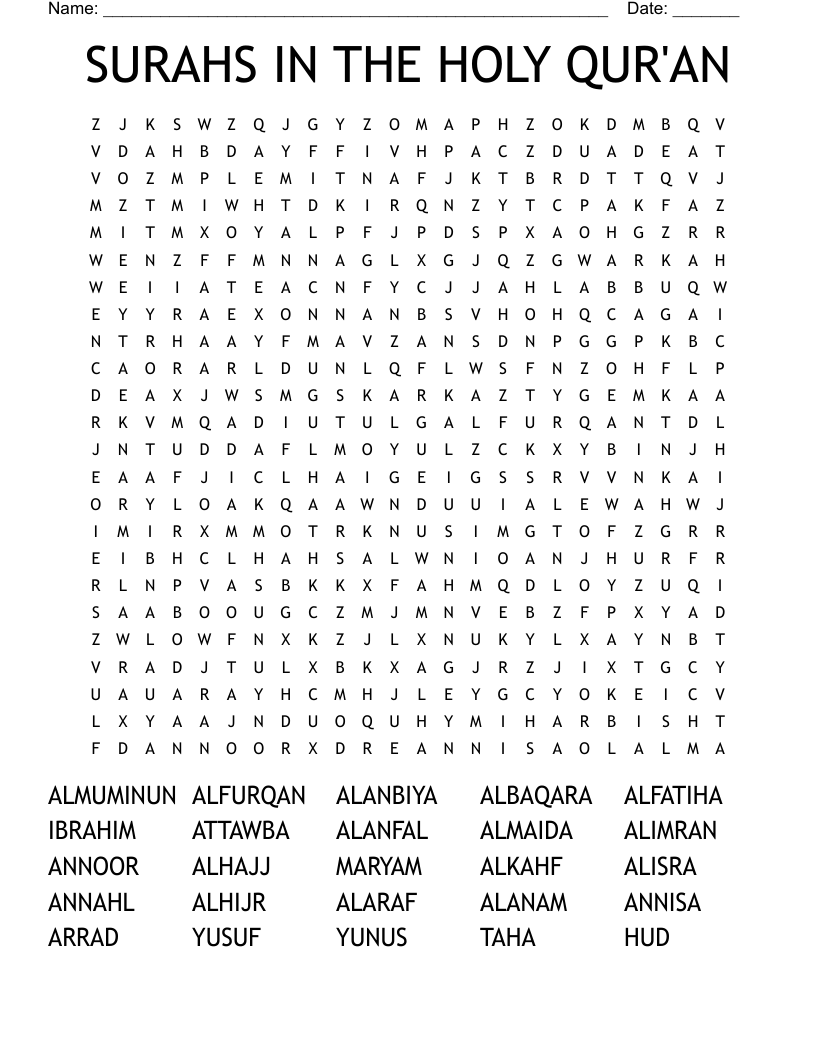 SURAHS IN THE HOLY QUR'AN Word Search