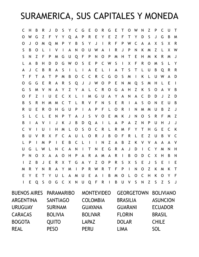 SURAMERICA, SUS CAPITALES Y MONEDA Word Search