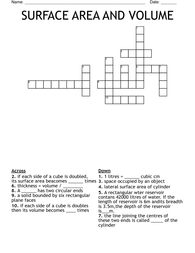 SURFACE AREA AND VOLUME Crossword