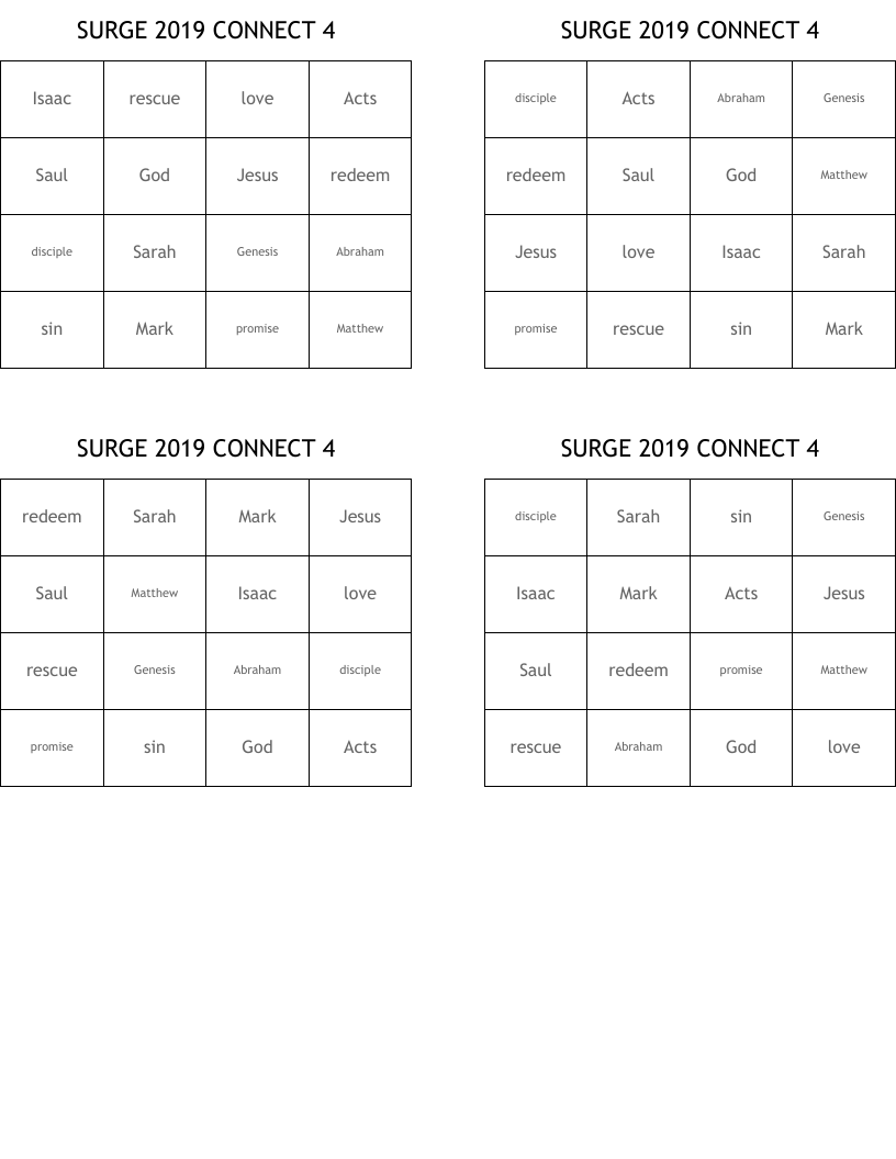 SURGE 2019 CONNECT 4 Bingo Cards
