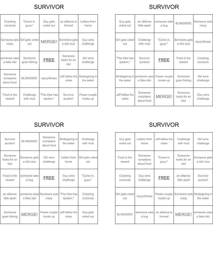 SURVIVOR Bingo Cards