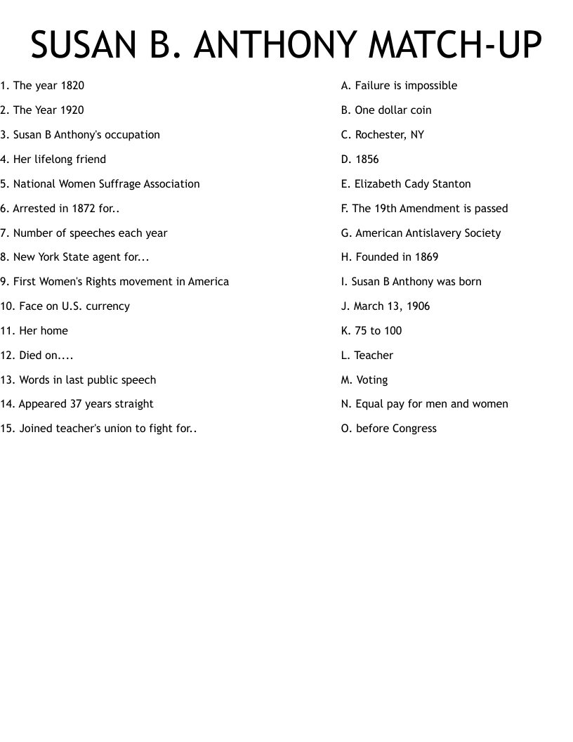 SUSAN B. ANTHONY MATCH-UP Worksheet