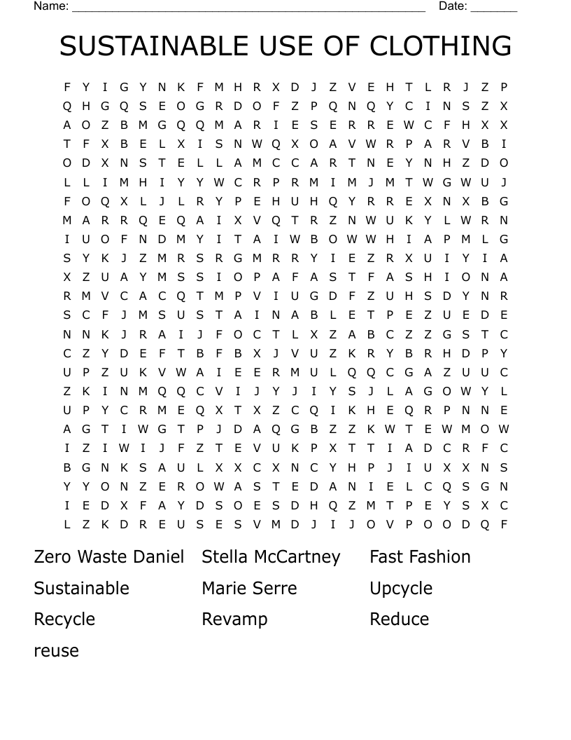 SUSTAINABLE USE OF CLOTHING Word Search